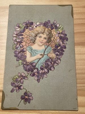 Antique Embossed Postcard 1908 Floral Violets Child Printed in Germany Postmark - Image 1