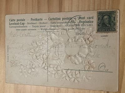 Antique Embossed Postcard 1908 Floral Violets Child Printed in Germany Postmark - Thumbnail 2