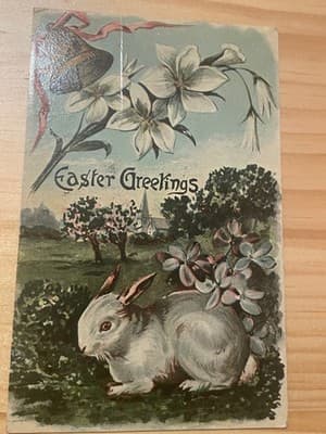 Vintage Easter Postcard Rabbit Lilies Church Embossed Unused Divided Back Nice - Image 1