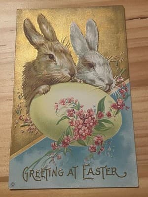 Vintage Embossed Easter Postcard Rabbits Floral Egg Gold Postmark 1¢ Stamp - Image 1