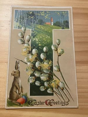 Vintage Easter Greeting Postcard Embossed Bunny Pussy Willow Made in U.S.A. - Image 1
