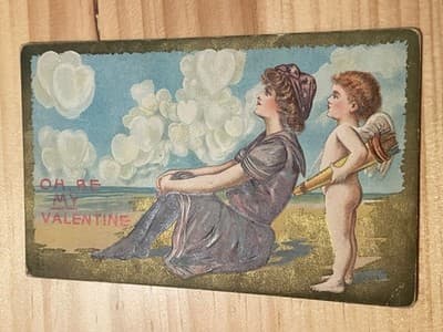 Vintage Embossed Valentine Postcard OH BE MY VALENTINE Cupid Woman Beach Antique - Image 1