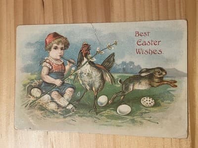 Vintage Easter Postcard Embossed Divided Back Germany Child Rabbit Rooster Eggs - Image 1
