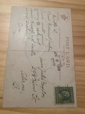 Victorian Embossed Easter Postcard 1908 Chick Girls Handwritten Posted Ohio - Thumbnail 2