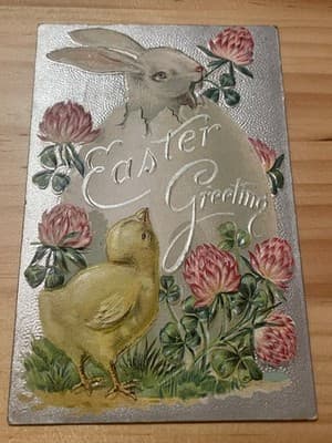 Vintage Embossed Easter Postcard Rabbit Chick Clover Flowers Handwritten Back - Image 1