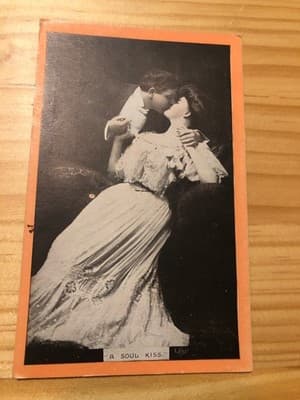 Vintage 1908 A Soul Kiss Postcard Black White Couple Orange Border Posted - Image 1