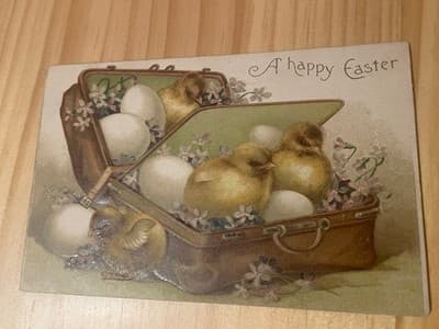 Vintage Easter Postcard Made in Germany Embossed Chicks Eggs Suitcase Unused - Image 1