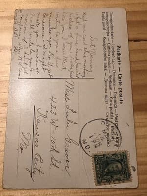 Vintage Postcard Romantic Couple Reading Letter Postmarked Kansas City 1c Stamp - Thumbnail 2