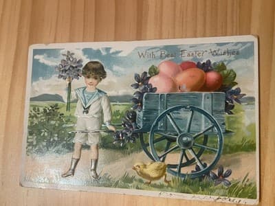 Vintage Easter Postcard Divided Back Child Cart Eggs 1c Stamp New York Postmark - Image 1