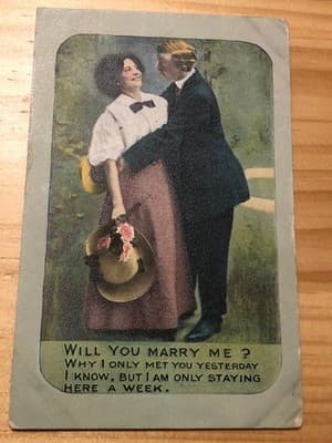 S K Simon Postcard Will You Marry Me Comic Couple 1911 Used Divided Back Green - Image 1