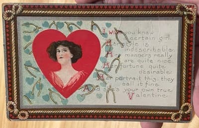Vintage Embossed Valentine Postcard Unposted Heart Cameo Horseshoes Rope Border - Image 1