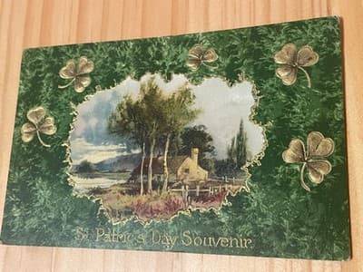 St Patricks Day Souvenir Postcard Embossed Printed in Germany Green Cottage - Image 1
