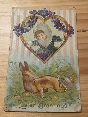 Vintage Embossed Easter Postcard Bunny Eggs Heart Window Diecut Easter Greetings - Image 1