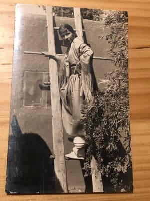 Vintage Native American Photo Postcard Unposted Blank Back BW Woman Ladder - Image 1