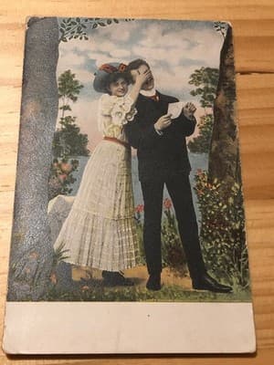 Vintage Postcard Romantic Couple Reading Letter Postmarked Kansas City 1c Stamp - Image 1