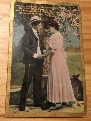 Vintage Postcard Couple Holding Hands Pink Dress Gold Border Canada 1c Stamp - Image 1