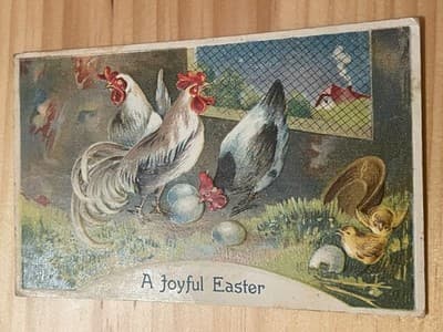 Vintage Embossed Easter Postcard A Joyful Easter Rooster Hens Chicks Unposted - Image 1
