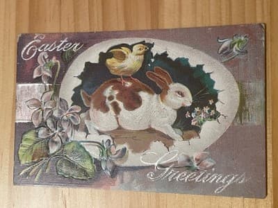 Vintage Easter Postcard Embossed Bunny Chick Floral Unposted Handwritten - Image 1