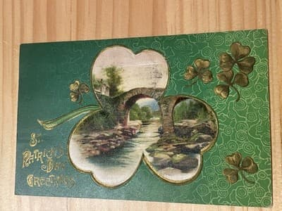 Vintage St Patricks Day Postcard 1912 Embossed Shamrock Bridge Green Gold Foil - Image 1