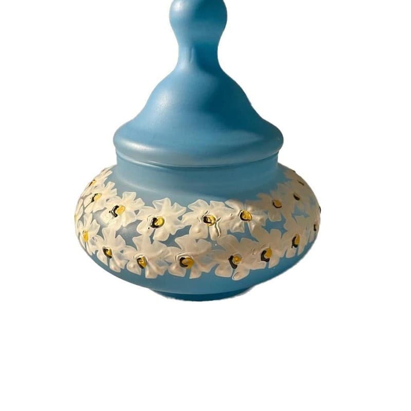 Vintage Westmoreland Blue Mist Satin Glass Lidded Candy Dish with Hand-Painted D - Thumbnail 2