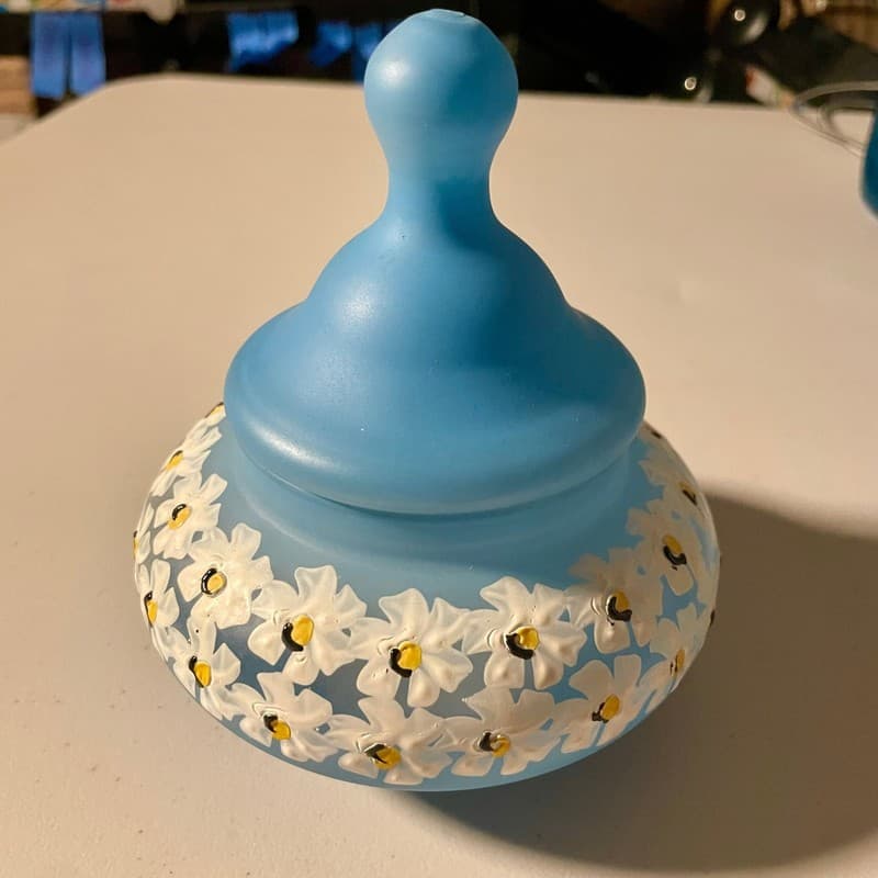 Vintage Westmoreland Blue Mist Satin Glass Lidded Candy Dish with Hand-Painted D - Image 1