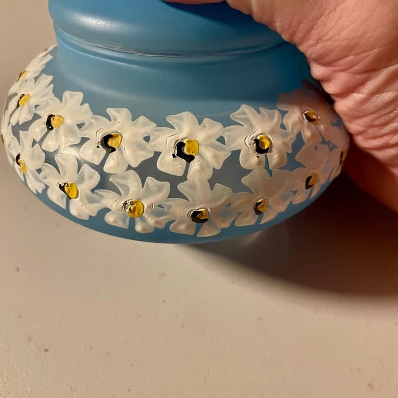 Vintage Westmoreland Blue Mist Satin Glass Lidded Candy Dish with Hand-Painted D - Thumbnail 4