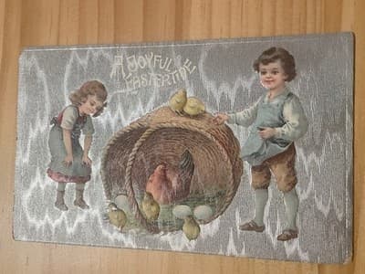 Vintage Embossed Easter Postcard Printed in Germany Children Basket Chicks - Image 1