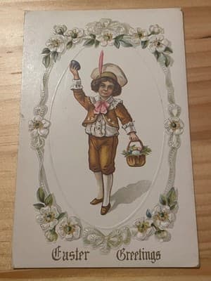 Vintage Easter Postcard Embossed Floral Child Basket Easter Greetings Gold Foil - Image 1