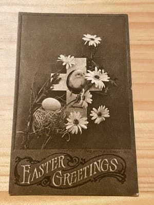 Vintage Easter Postcard Postmarked 1912 Chick Cross Daisies Easter Greetings - Image 1