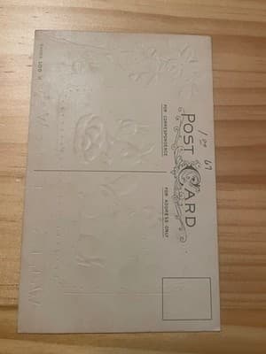 Vintage Embossed Easter Postcard Rabbit Wagon Roses Embossed Unused Black White - Thumbnail 2