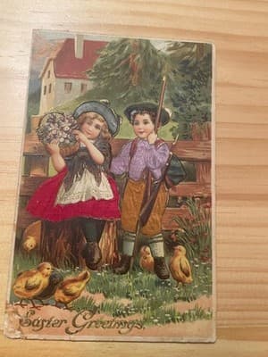 Vintage Easter Postcard Embossed Postmarked Apr 15 1908 Children Chicks - Image 1