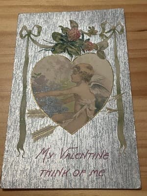 Vintage Valentine Postcard 1911 Postmarked Embossed Cherub Heart Silver - Image 1