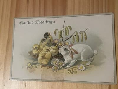 Vintage Easter Postcard Bunny Chicks Easter Greetings Unposted Printed USA - Image 1