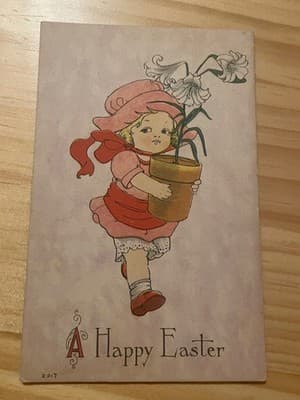 Vintage Easter Postcard Mailed Embossed Girl with Potted Lily Postmark Stamped - Image 1