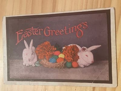 Easter Greetings Postcard Vintage Bunnies Eggs Embossed Back Handwritten 1914 - Image 1