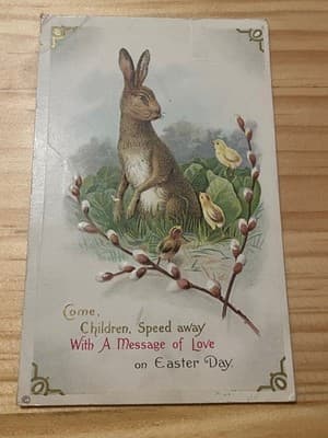 Vintage Easter Postcard Rabbit Chicks Pussy Willow Embossed Gold Divided Back - Image 1