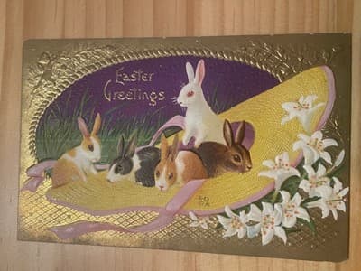 Vintage Easter Postcard Embossed Bunnies Straw Hat Gold Foil Lilies Postmarked - Image 1
