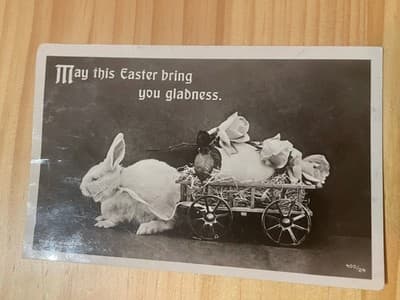 Vintage Embossed Easter Postcard Rabbit Wagon Roses Embossed Unused Black White - Image 1