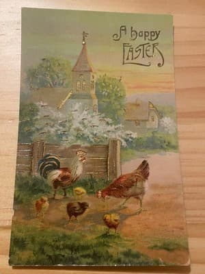 Vintage Embossed Easter Postcard Chickens Rooster Church Gold Accents Stamped - Image 1
