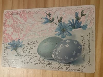 Fröhliche Ostern Vintage Easter Postcard Embossed Blue Eggs Flowers Germany - Image 1