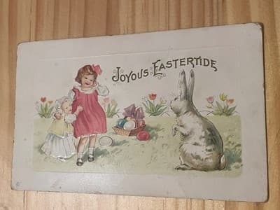 Vintage Joyous Eastertide Postcard Rabbit Children Easter Eggs Basket Unposted - Image 1