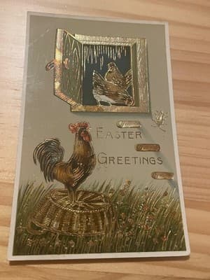 Vintage Easter Postcard Embossed Gold Rooster Hen Basket Postmarked 1912 - Image 1