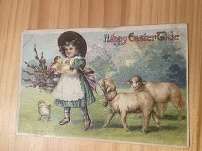 Vintage 1911 Easter Postcard Girl with Chicks Sheep Embossed Made in Germany - Image 1