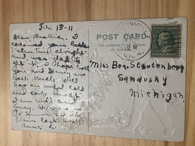 Vintage Embossed Valentine Postcard Cupid Roses Postmarked Feb 13 1911 One Cent - Thumbnail 2