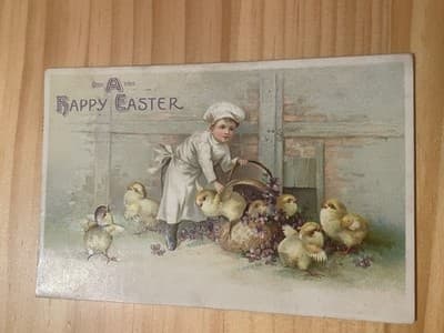 Vintage Easter Postcard Embossed Chicks Child Basket 1c US Stamp Postmarked - Image 1