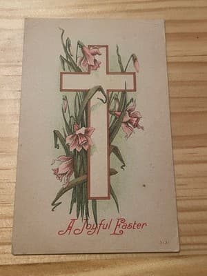 Vintage Easter Postcard Printed in Germany Cross Daffodils Embossed Mailed - Image 1