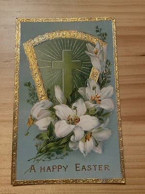 Vintage Easter Postcard Embossed Gold Foil Lilies Cross Handwritten Back Stamped - Image 1