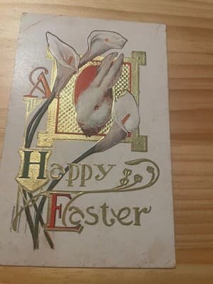 Vintage Embossed Easter Postcard Rabbit Calla Lilies Gold Handwritten Back - Image 1