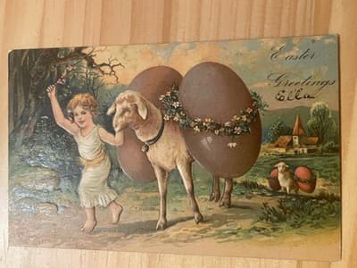 Vintage Easter Greetings Postcard Printed in Germany Unposted Embossed Lamb - Image 1