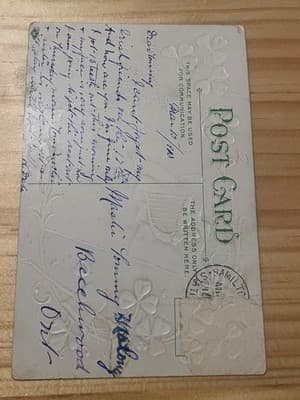 Vintage St Patricks Day Souvenir Postcard Embossed Shamrocks Postmarked Mailed - Thumbnail 2